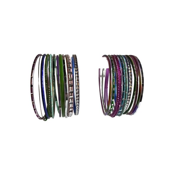 Lot Of 22 Green Pink and Blue Metal Bangles With Glitter and Textured Designs - Picture 1 of 6